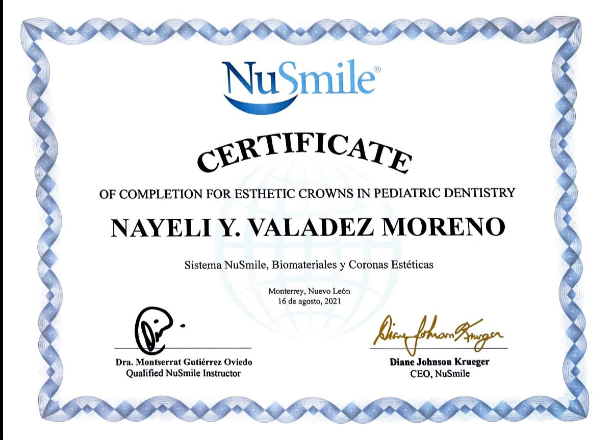Certificado NuSmile de Coronas Estéticas en Odontopediatría